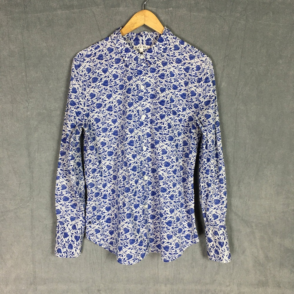Alex Mill Women L Blue White Floral Ikat Button Down Shirt Long Sleeve Workwear